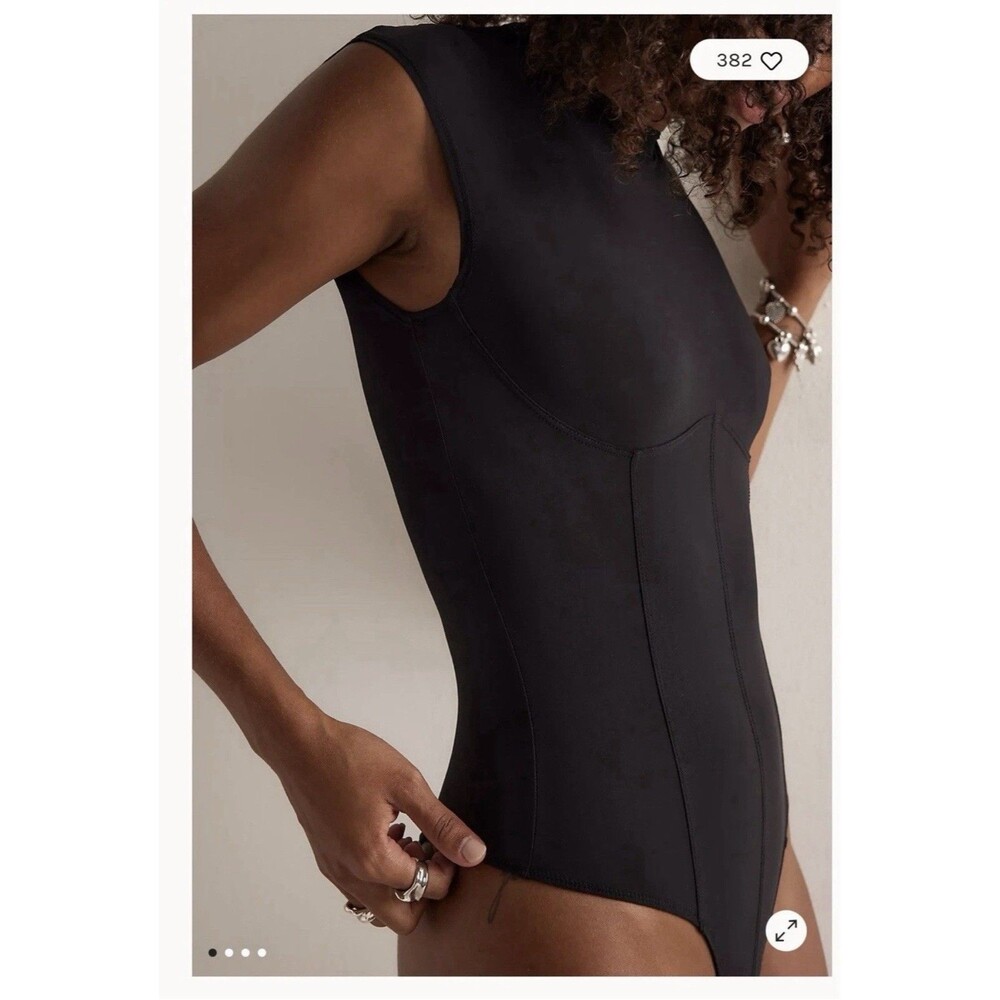 Agolde Nadia Black Cap Sleeve Crew Neck Thong Stretch Bodysuit Large New $168